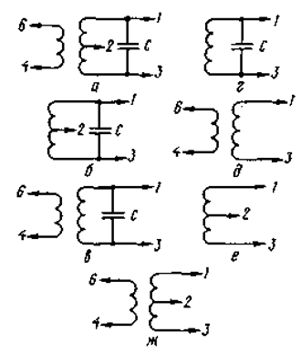 Варианты соединений обмоток контурных катушек