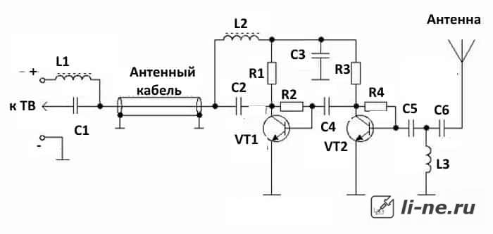 Схема питания антенного усилителя по коаксиальному кабелю
